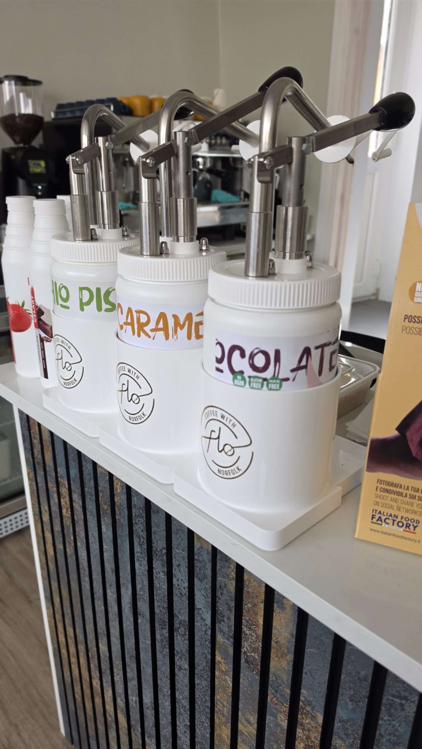 Coffee syrups including pistachio, caramel and chocolate flavourings available at Coffee with Flo in Wymondham.
